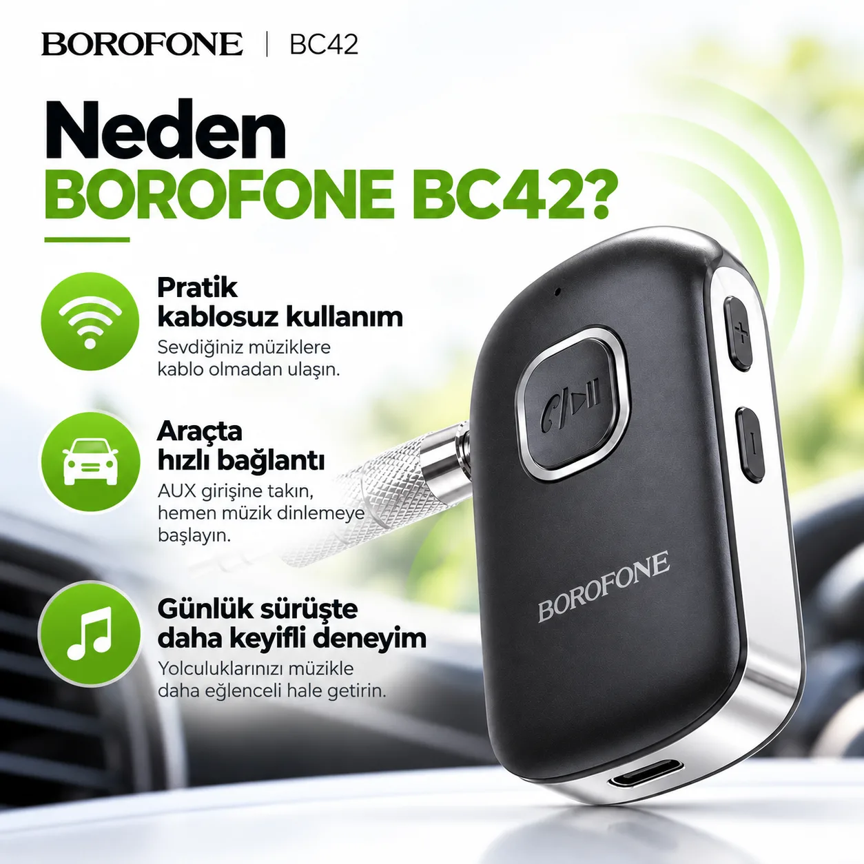 Borofone BC42 Bluetooth 5.0 AUX Araç Adaptörü – Kablosuz Müzik Alıcısı