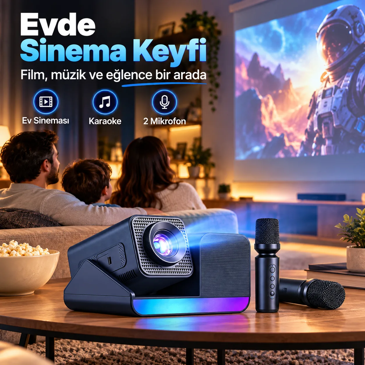 HEPU HP-SP01 Karaoke Projektör – 2 Mikrofonlu 3'ü 1 Arada Ev Sinema Projeksiyon Cihazı