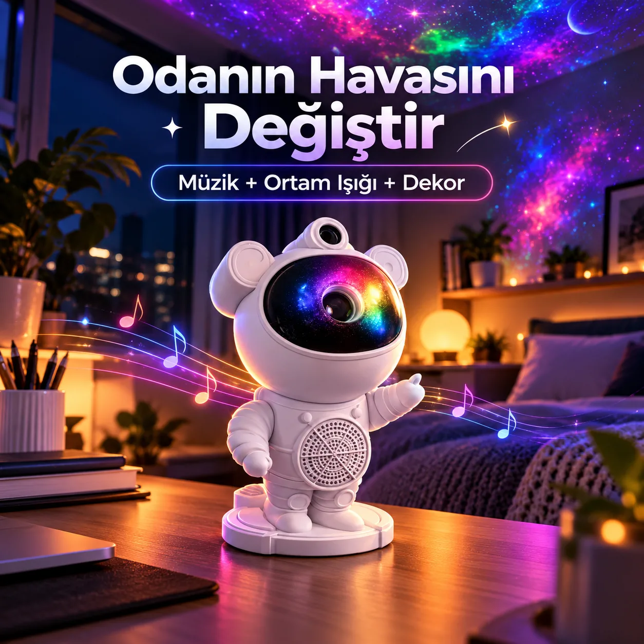 Astronot Bluetooth Hoparlörlü Gece Lambası – LED Işıklı