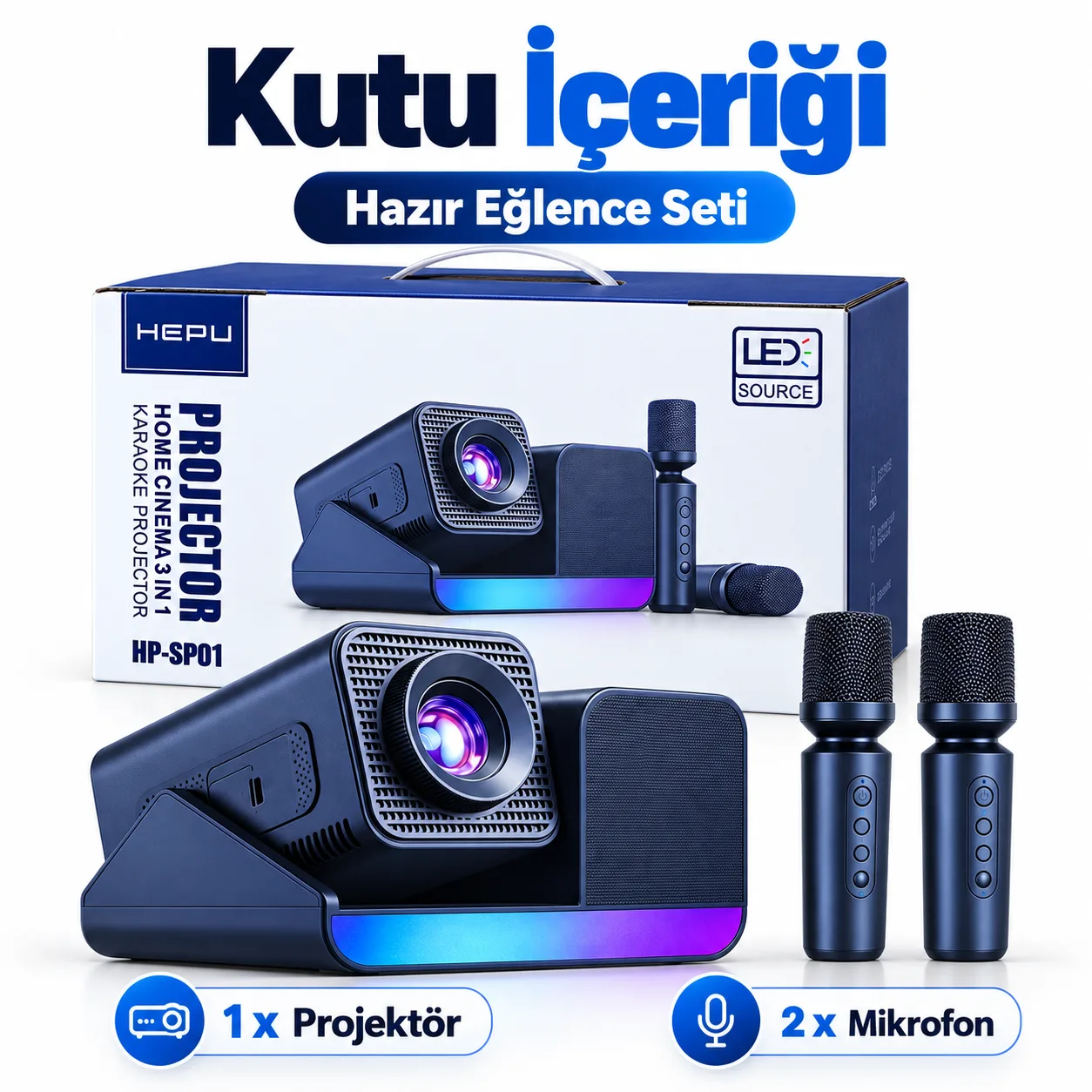 HEPU HP-SP01 Karaoke Projektör – 2 Mikrofonlu 3'ü 1 Arada Ev Sinema Projeksiyon Cihazı