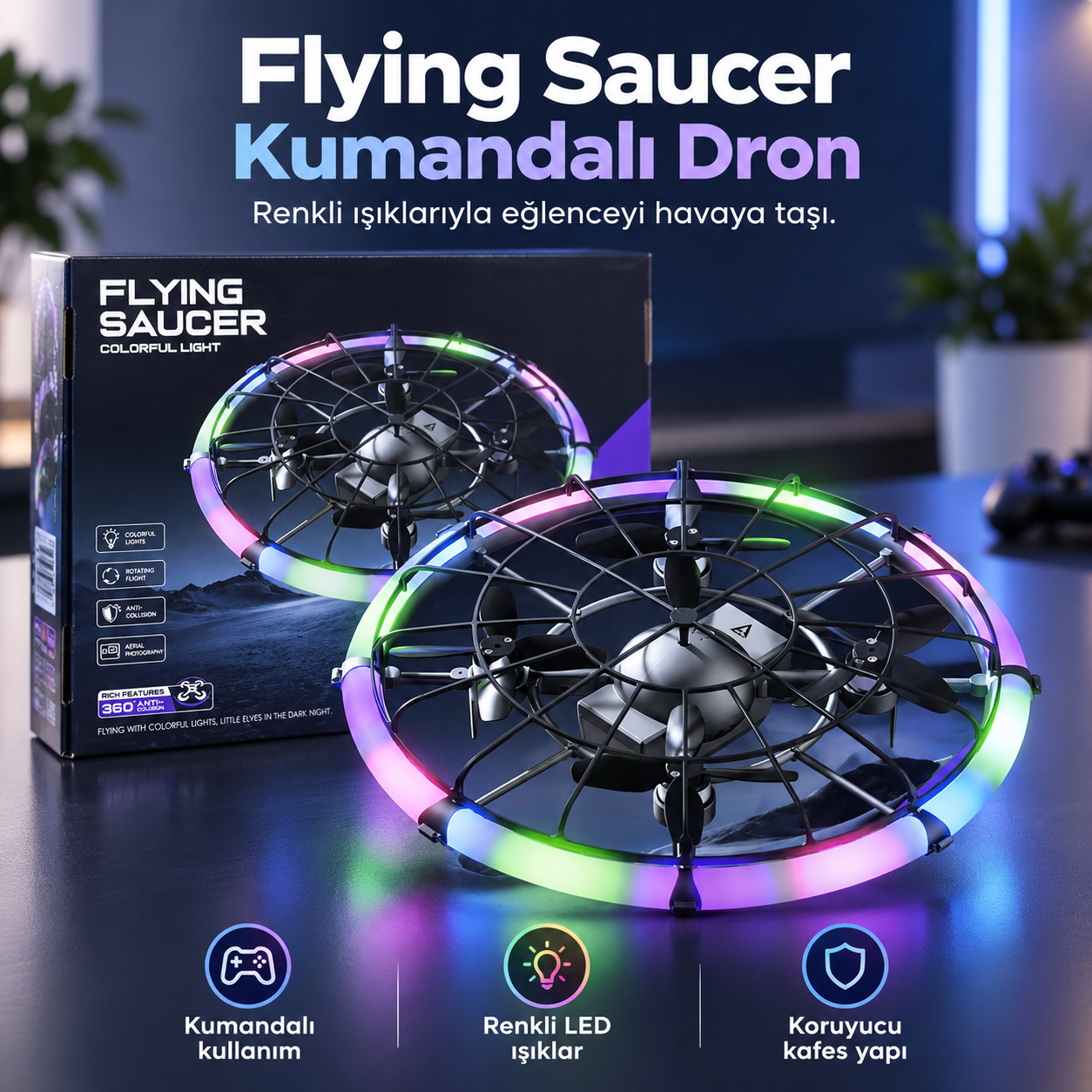 Flying Saucer Kumandalı Drone – Renkli LED Işıklı Koruyucu Kafesli Uçan Dron