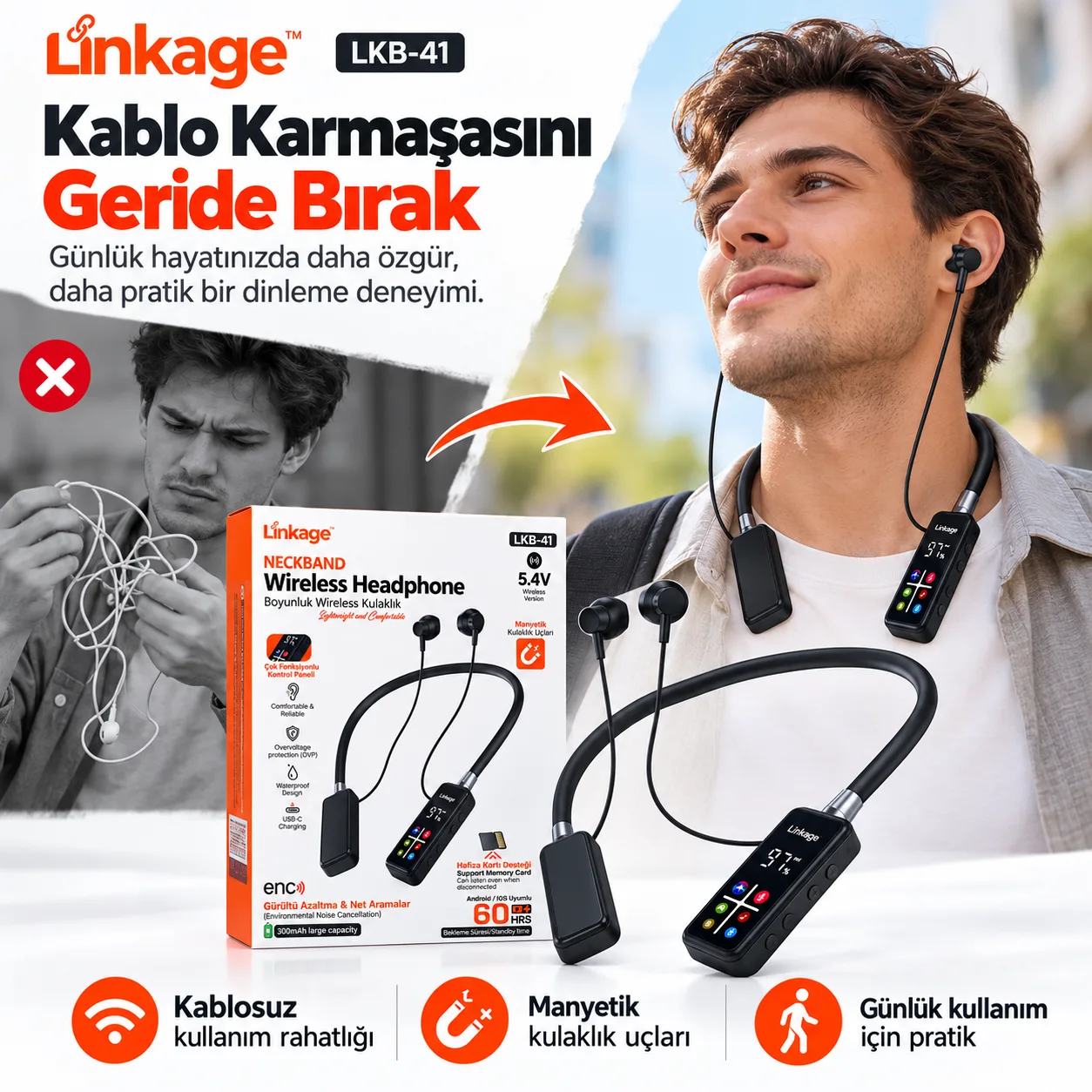 Linkage LKB-41 Boyunluk Bluetooth Kulaklık – Bluetooth 5.4, ENC Gürültü Azaltma ve Hafıza Kartı Destekli