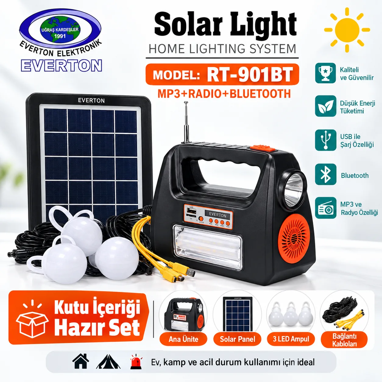 Everton RT-901BT Solar Aydınlatma Sistemi – Güneş Panelli, 3 Ampullü Taşınabilir Kamp Işığı