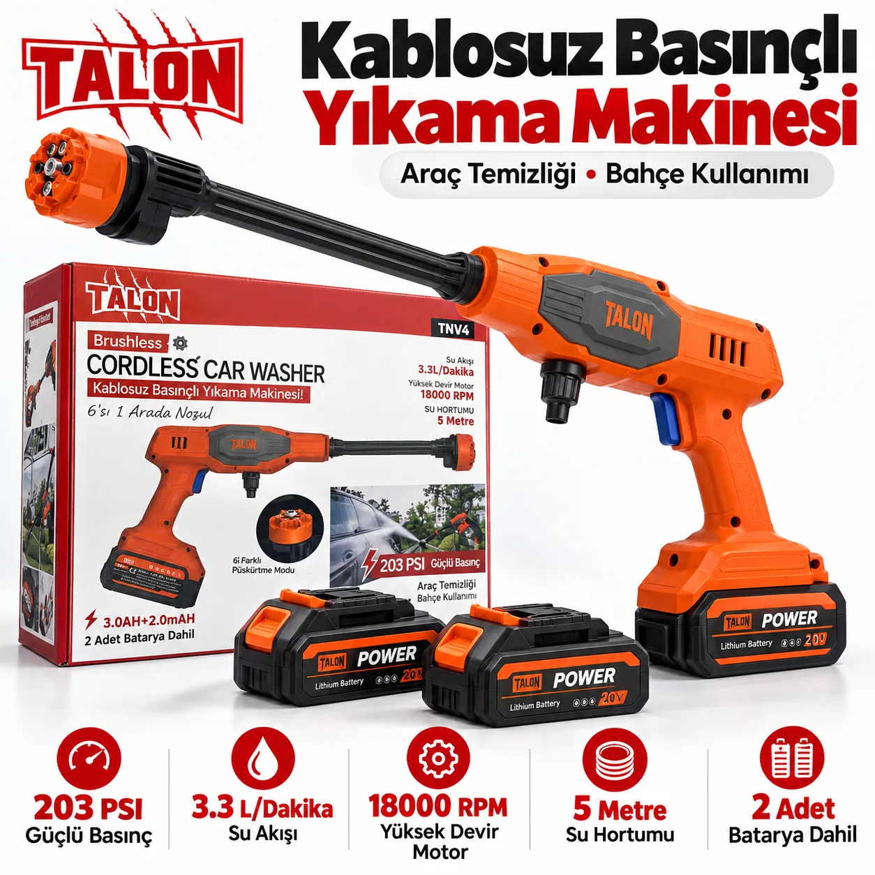 Talon TNV4 Kablosuz Basınçlı Yıkama Makinesi – 203 PSI, Brushless Motor, 2 Bataryalı