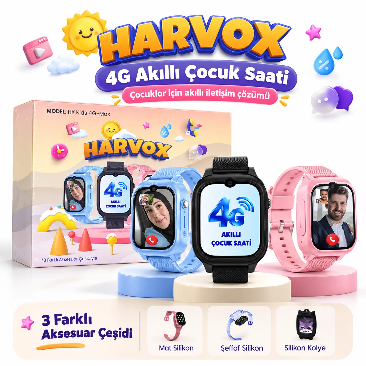 Harvox HX Kids 4G-Max Akıllı Çocuk Saati – 4G Görüntülü Görüşme ve 3 Aksesuar Seçenekli