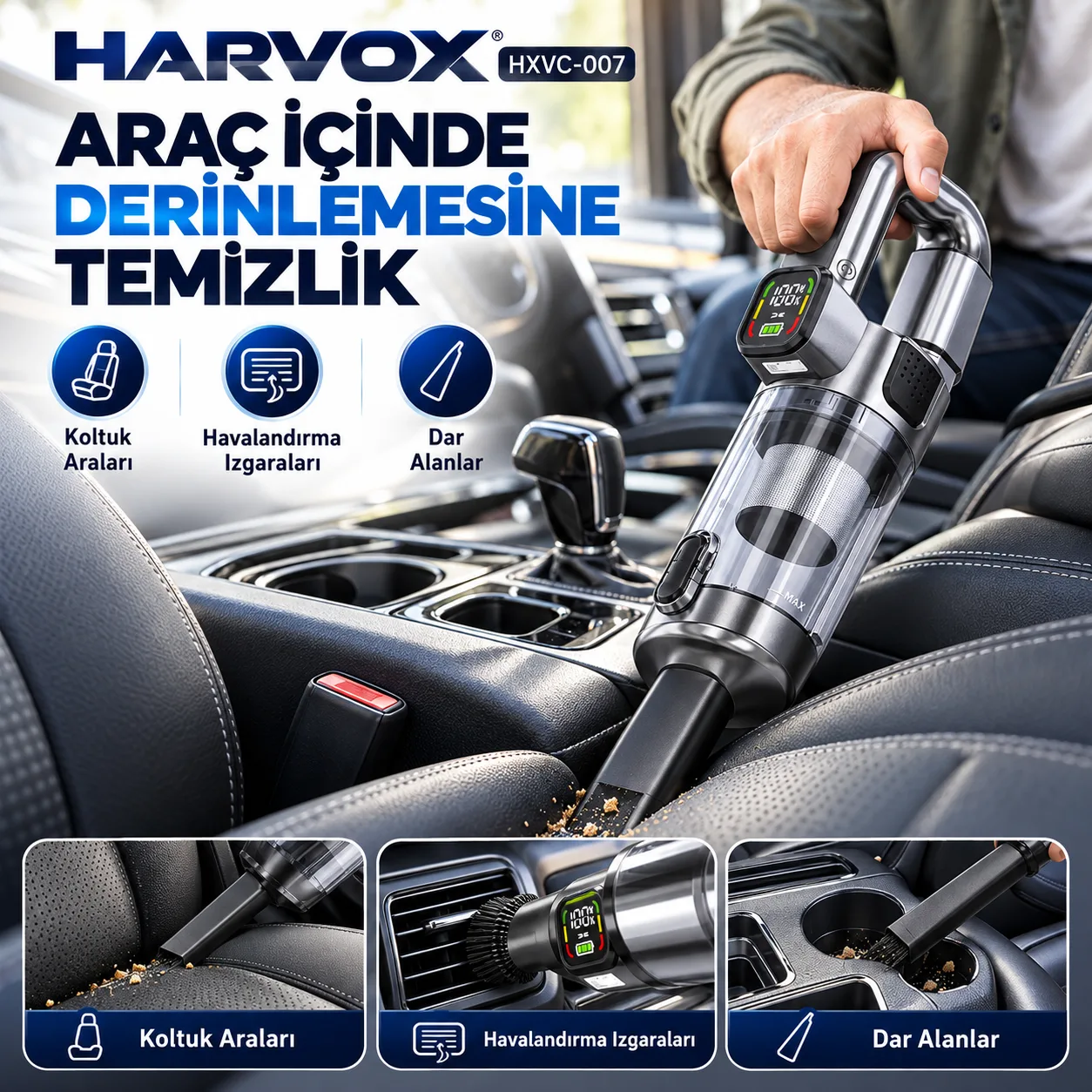 Harvox HXVC-007 Kablosuz Araç İçi Süpürge – 22.000 Pa Güçlü Emiş, Şarjlı ve Çok Başlıklı