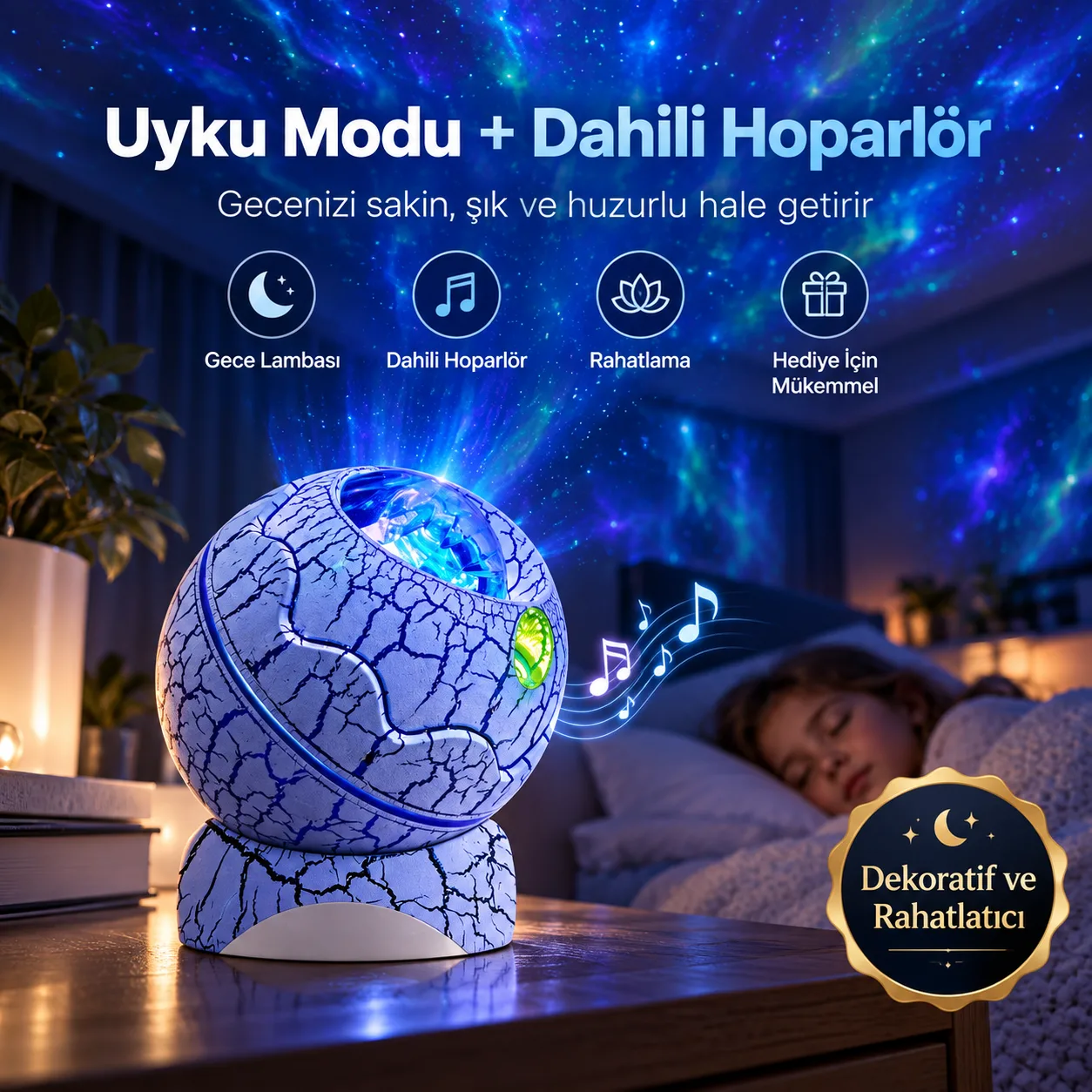 Galaxy Nightlight Projector – Galaksi Projeksiyonlu Gece Lambası, Dahili Hoparlör ve Uyku Modu