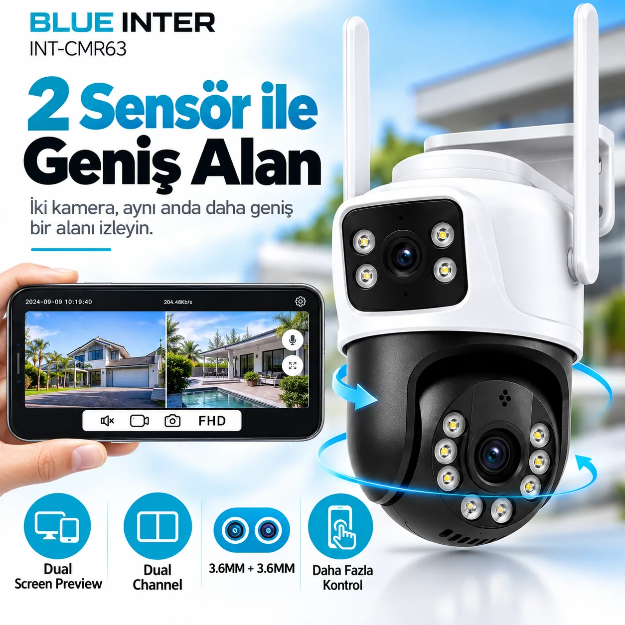 Blue Inter INT-CMR63 360° WiFi Akıllı Güvenlik Kamerası – Çift Kameralı, İnsan Algılamalı ve Gece Görüşlü