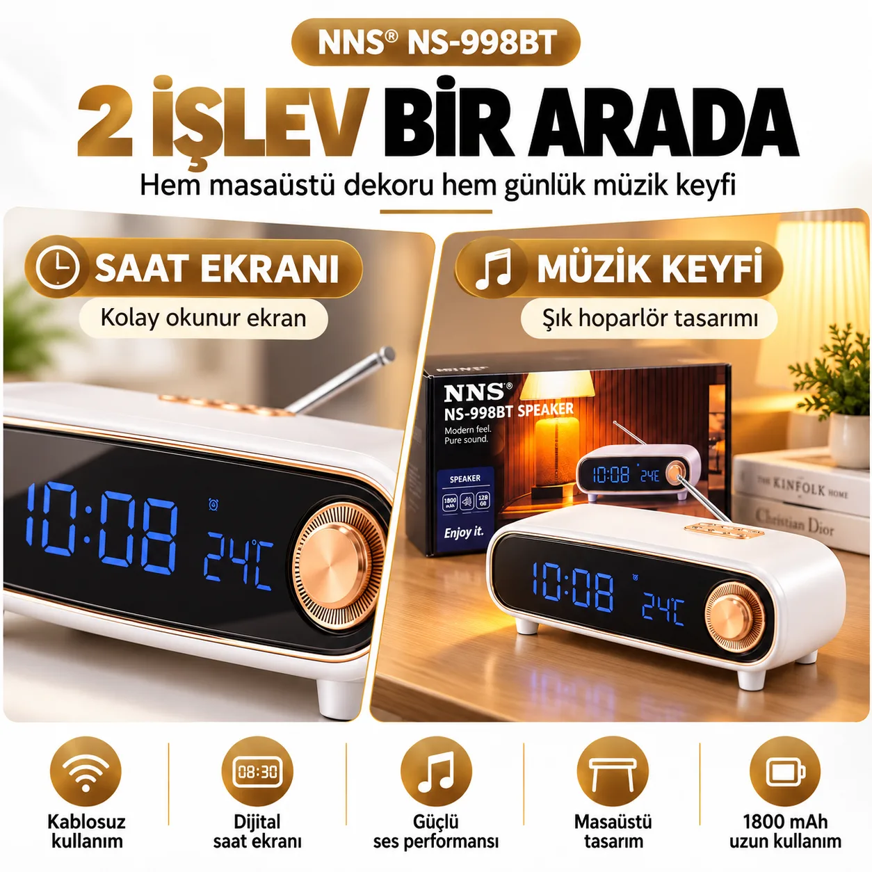 INNS NS-998BT Kablosuz Masaüstü Hoparlör – Dijital Saat Ekranı, FM Radyo ve 128 GB Kart Desteği