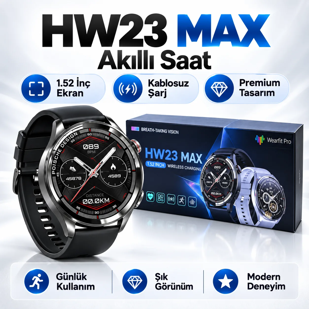 HW23 MAX Akıllı Saat – 1.52 İnç Geniş Ekran, Kablosuz Şarj ve WearFit Pro