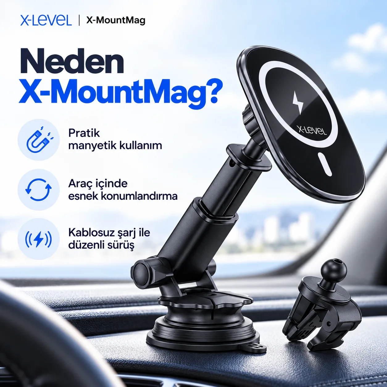 X-Level X-MountMag Manyetik Kablosuz Şarjlı Araç Telefon Tutucu