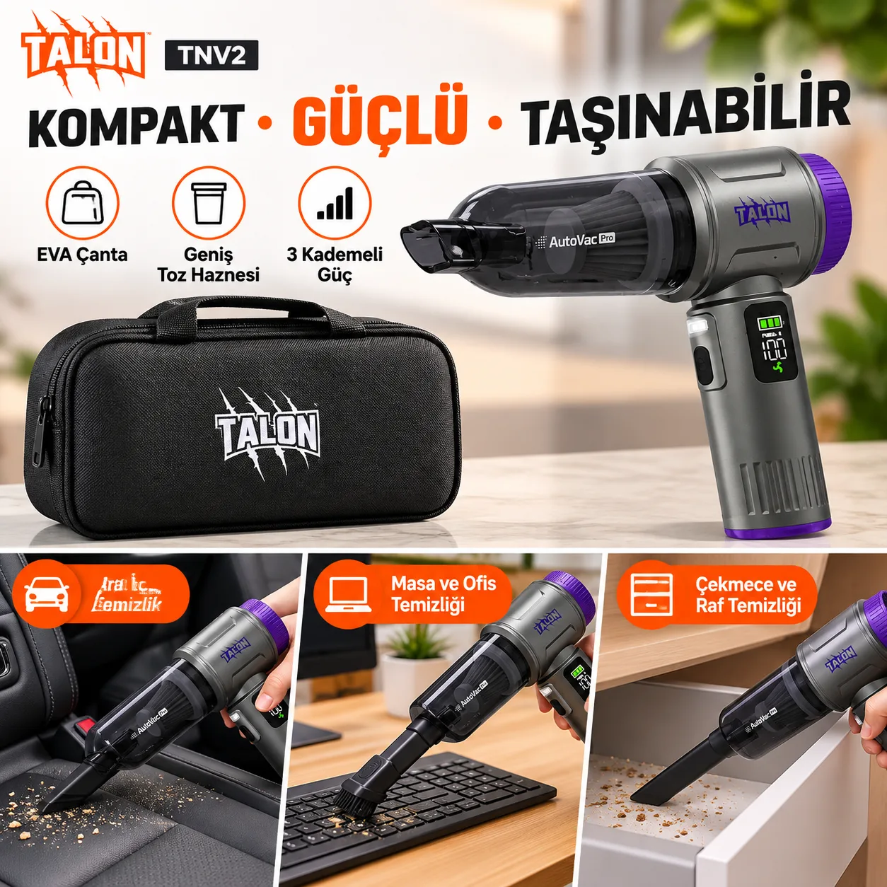 Talon TNV2 AutoVac Pro Kablosuz Araç İçi Süpürge – 22.000 Pa, 6000 mAh, 100W Brushless Motor
