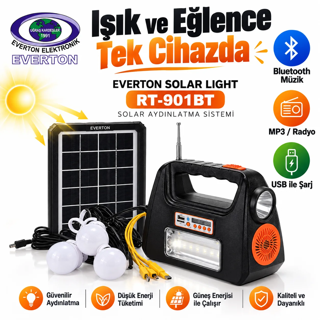 Everton RT-901BT Solar Aydınlatma Sistemi – Güneş Panelli, 3 Ampullü Taşınabilir Kamp Işığı
