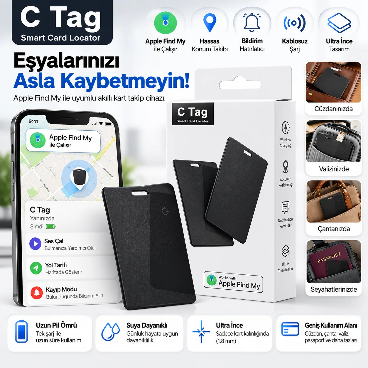 C Tag Apple Find My Uyumlu Akıllı Kart Takip Cihazı – Kablosuz Şarjlı Ultra İnce Konum Bulucu