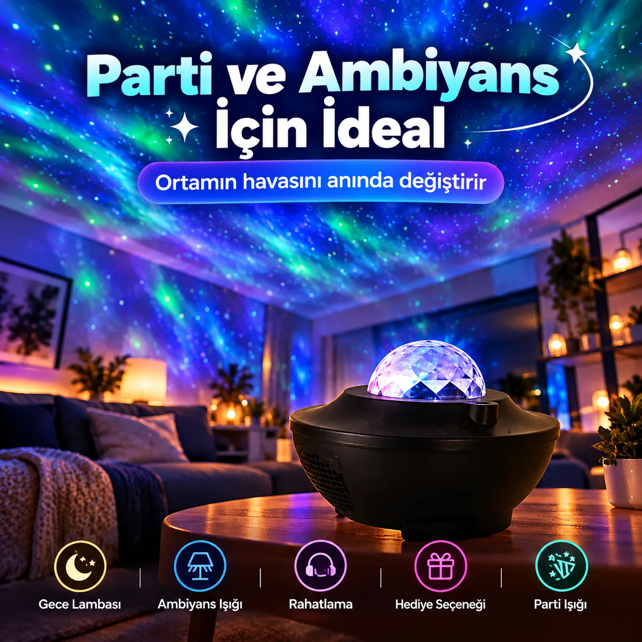 Starry Projector Light Yıldızlı Gece Lambası – Ambiyans ve Parti Işığı