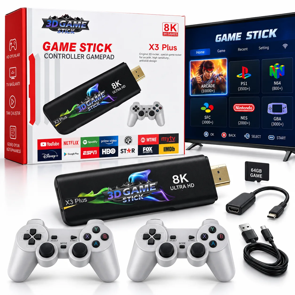 3D Game Stick Retro Oyun Konsolu – 20.000 Oyun, 2 Kol