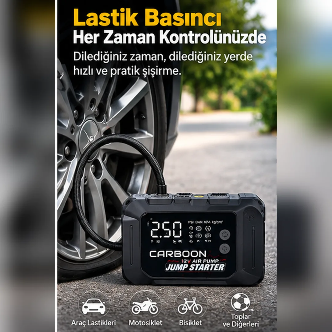 Carboon CAR-78 Jump Starter ve Hava Kompresörü – 12.000 mAh Akü Takviye, 45W USB-C ve Dijital Lastik Şişirme