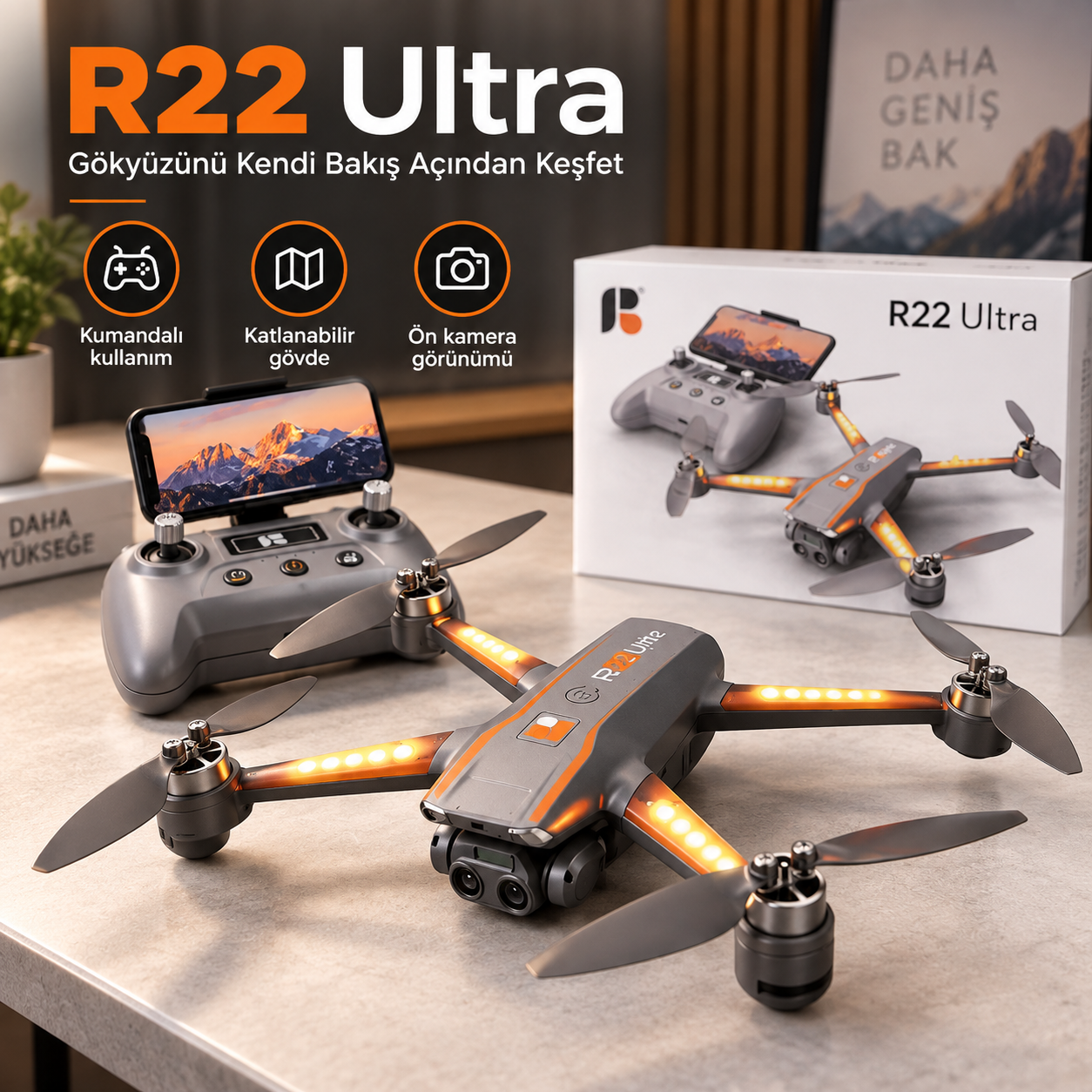 R22 Ultra Kameralı Katlanabilir Drone – Kumandalı LED Işıklı Quadcopter