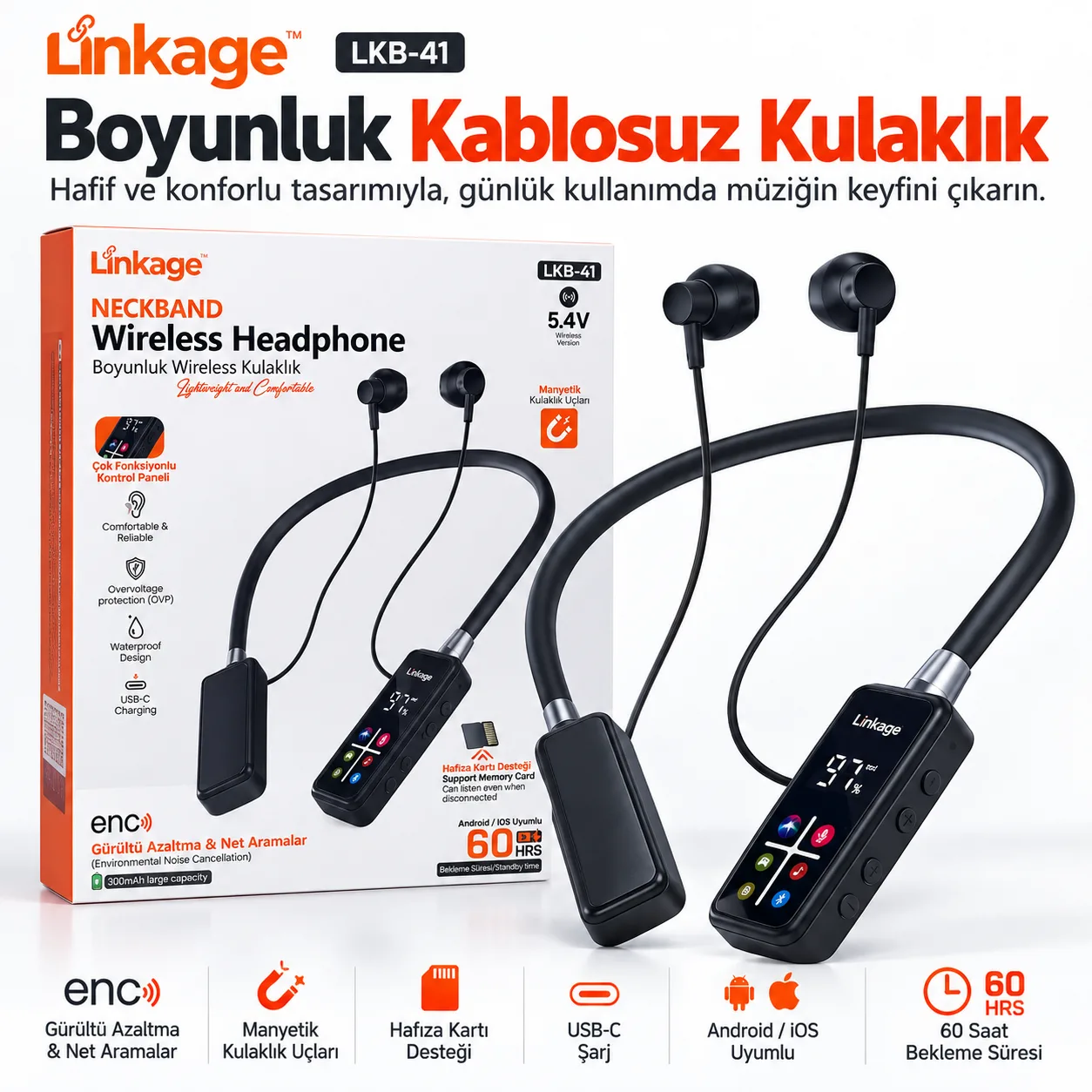 Linkage LKB-41 Boyunluk Bluetooth Kulaklık – Bluetooth 5.4, ENC Gürültü Azaltma ve Hafıza Kartı Destekli