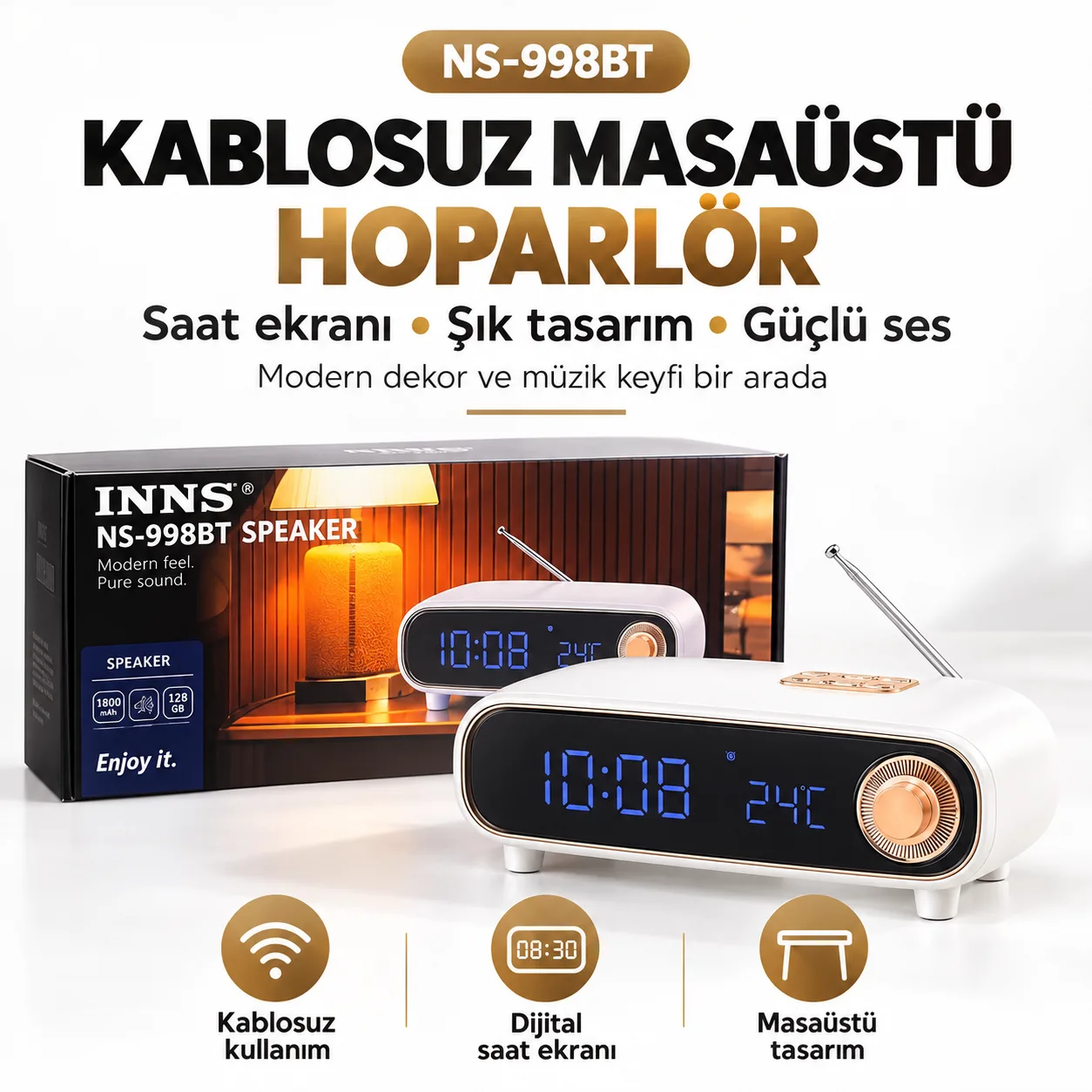 INNS NS-998BT Kablosuz Masaüstü Hoparlör – Dijital Saat Ekranı, FM Radyo ve 128 GB Kart Desteği
