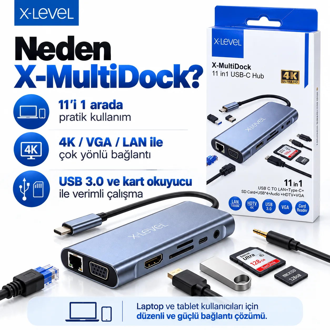 X-Level X-MultiDock 11'i 1 Arada USB-C Hub – 4K HDMI, Gigabit Ethernet, USB 3.0, VGA ve Kart Okuyucu