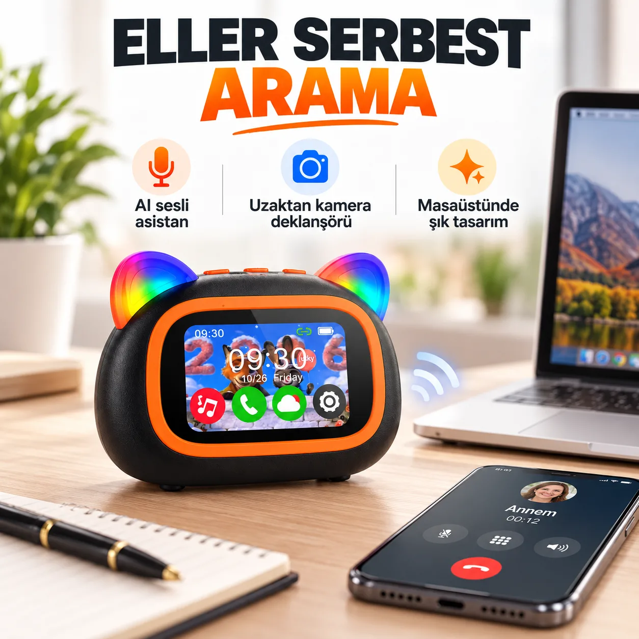 TF39 Pro Akıllı AI Hoparlör – RGB Işık, Sesli Asistan, Akıllı Alarm ve Eller Serbest Arama