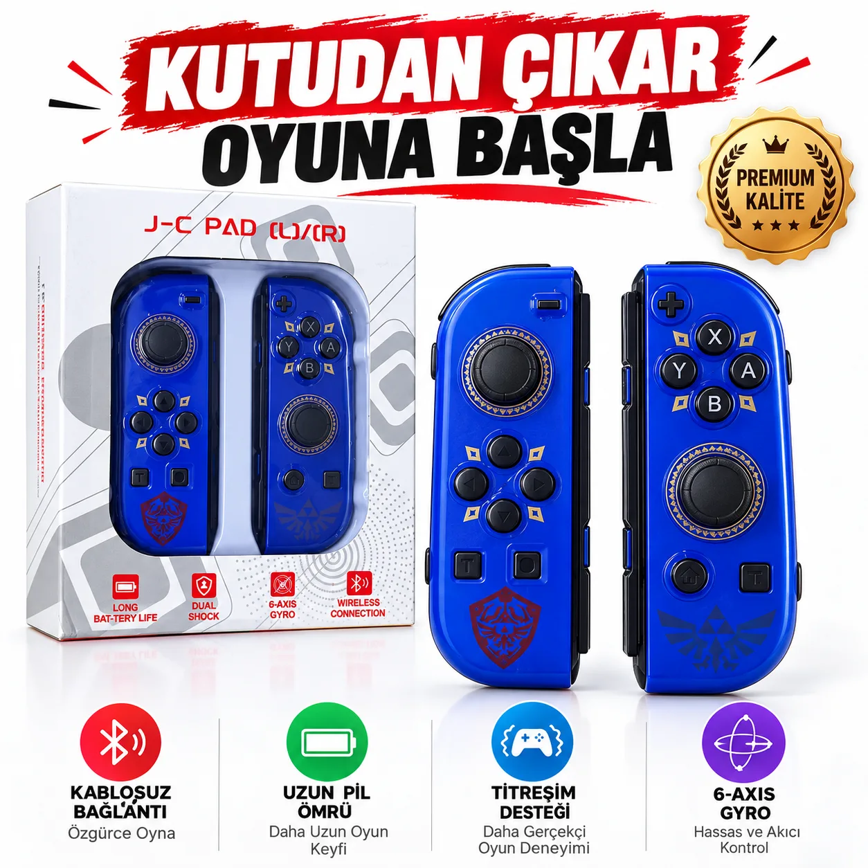 J-C Pad Kablosuz Oyun Kumandası Seti – Sol/Sağ Çift Kontrol, 6 Eksen Gyro ve Titreşim
