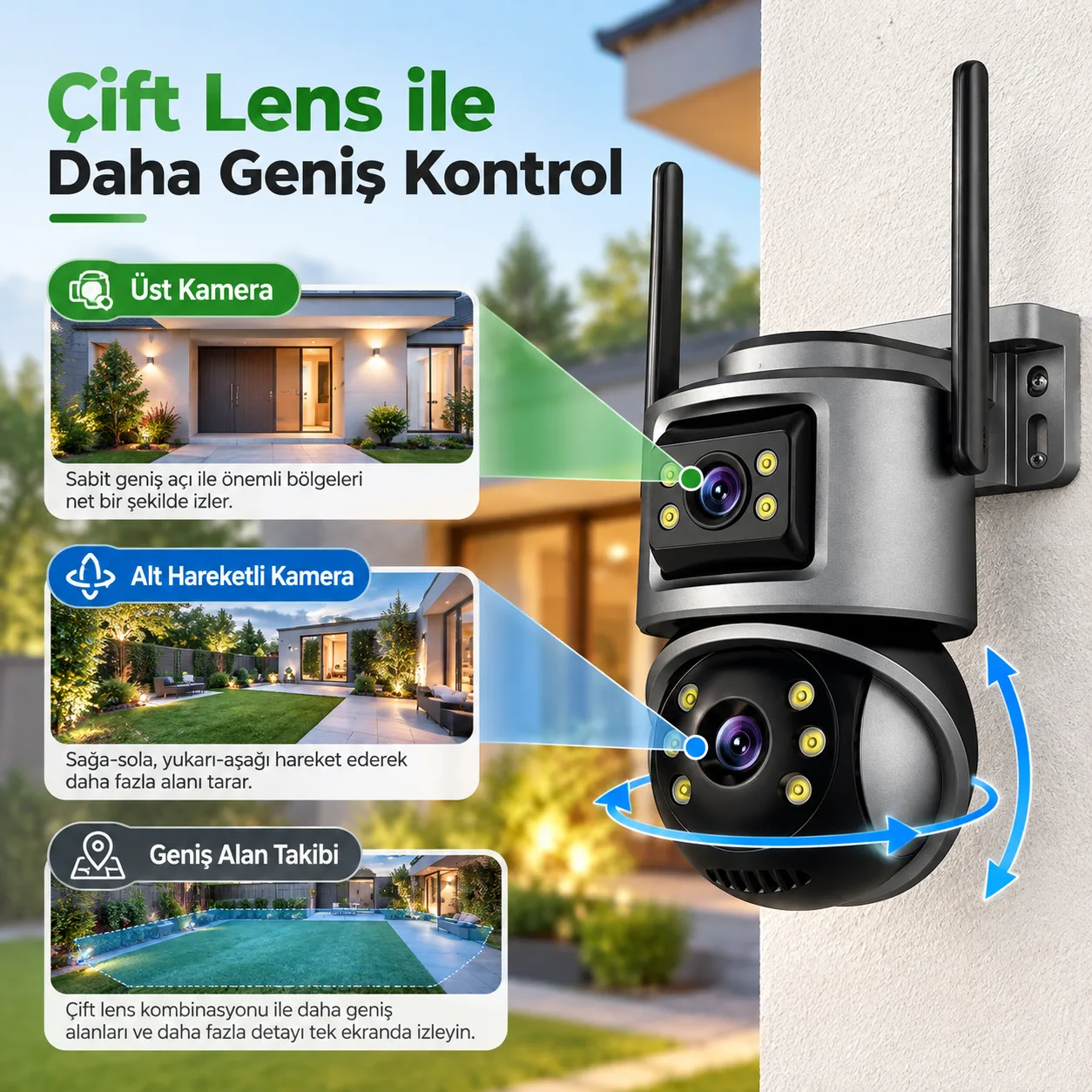 Çift Lens WiFi Akıllı Güvenlik Kamerası – Gece Görüşlü, Telefondan Canlı İzleme