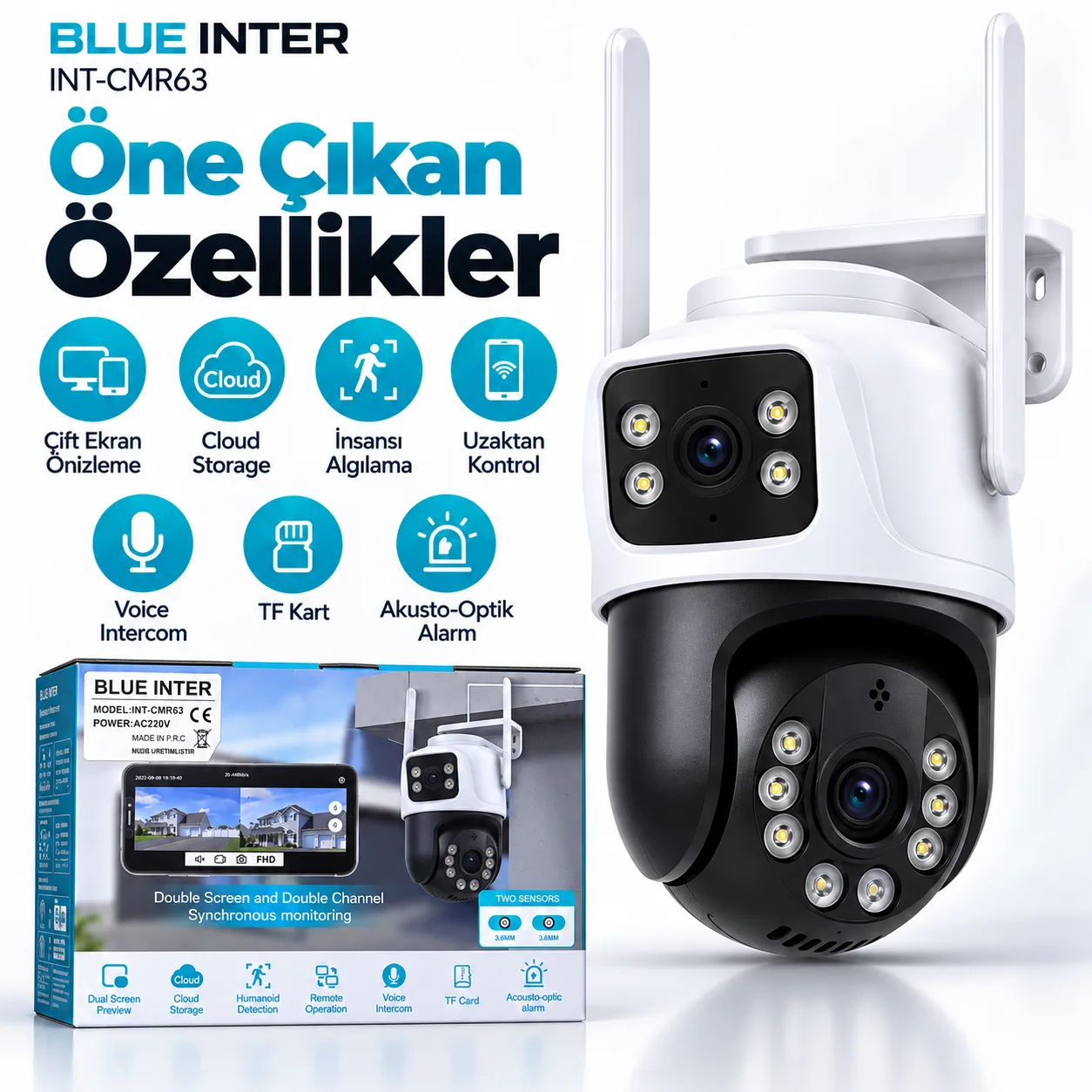 Blue Inter INT-CMR63 360° WiFi Akıllı Güvenlik Kamerası – Çift Kameralı, İnsan Algılamalı ve Gece Görüşlü