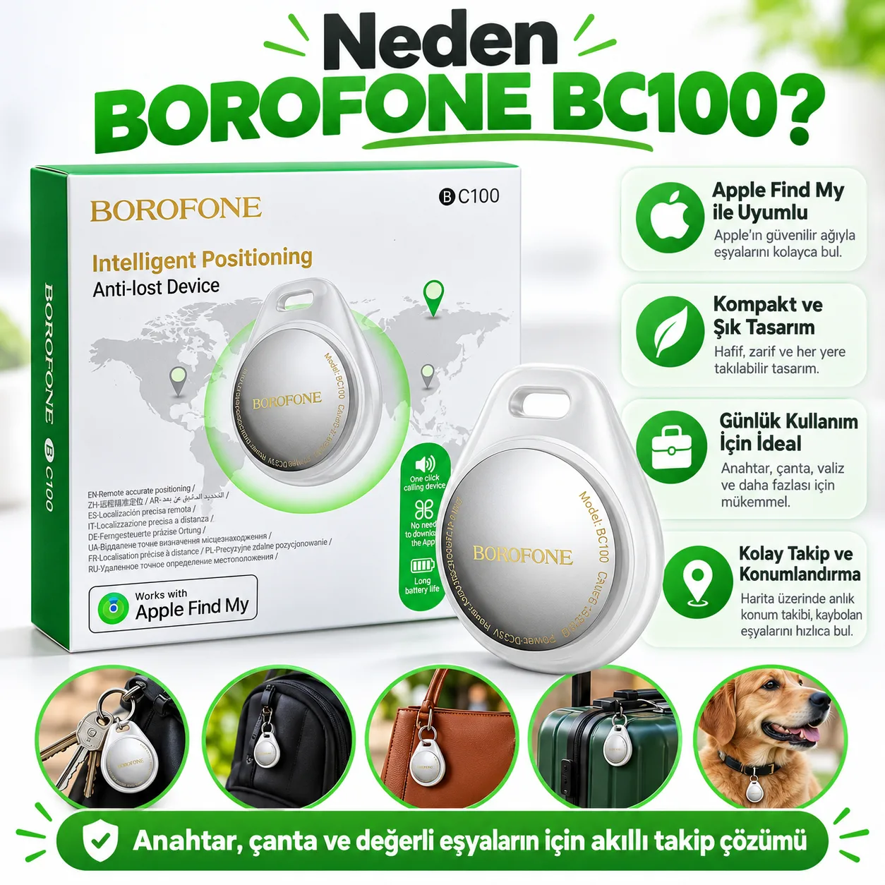 Borofone BC100 Apple Find My Uyumlu Akıllı Konum Takip Cihazı – Kayıp Önleyici Bluetooth Tracker