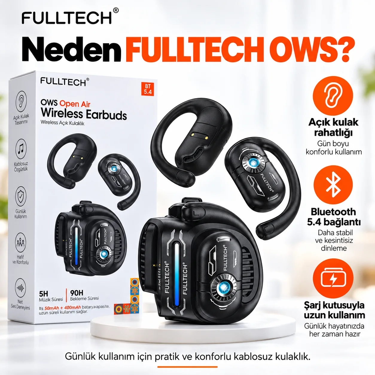 Fulltech OWS Open Air Kablosuz Kulaklık – Bluetooth 5.4, Açık Kulak Tasarımı ve Şarj Kutusu