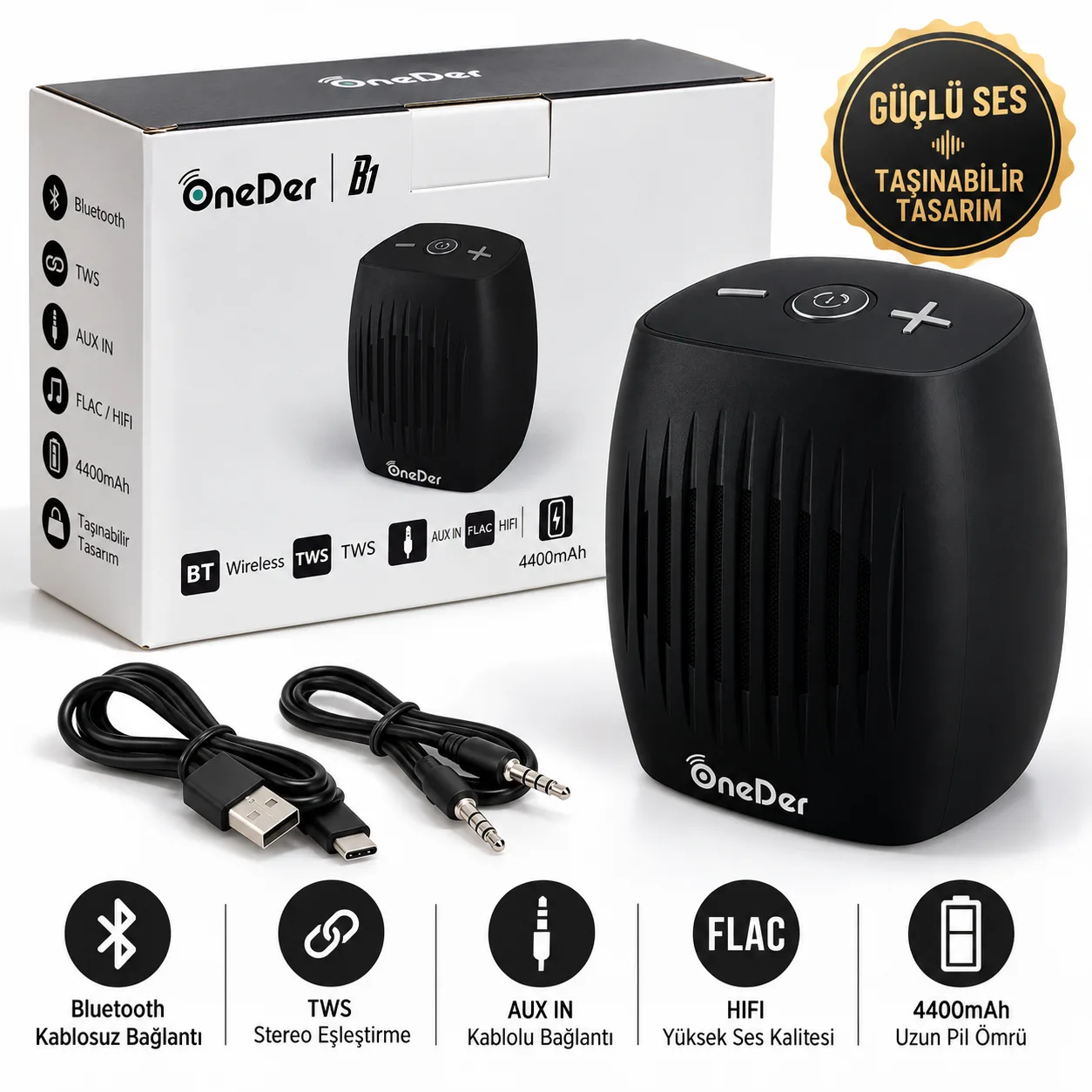 OneDer Bluetooth Hoparlör – TWS, AUX Girişli, FLAC Destekli 4400 mAh Taşınabilir Speaker