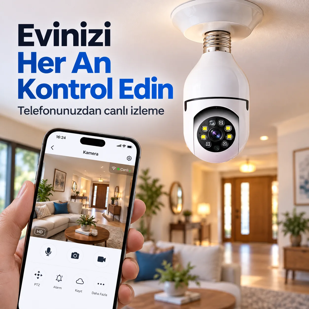 1080P Ampul Kamera – WiFi, 360°, Çift Yönlü Ses