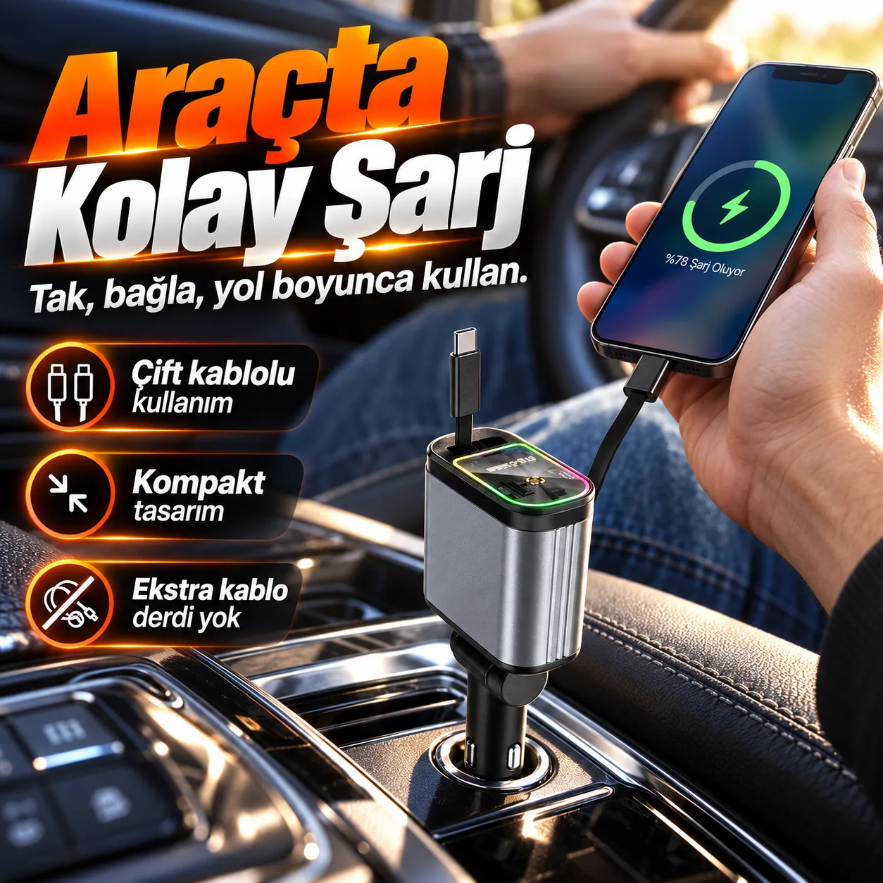 66W Araç Şarj Cihazı – Type-C, Lightning, RGB
