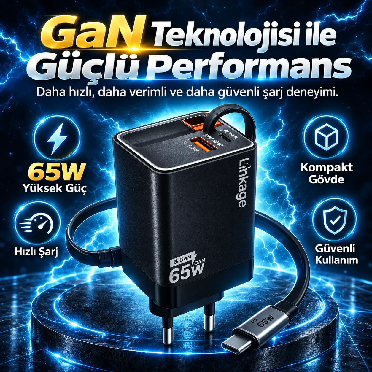 65W GaN Hızlı Şarj Adaptörü – Type-C PD, USB