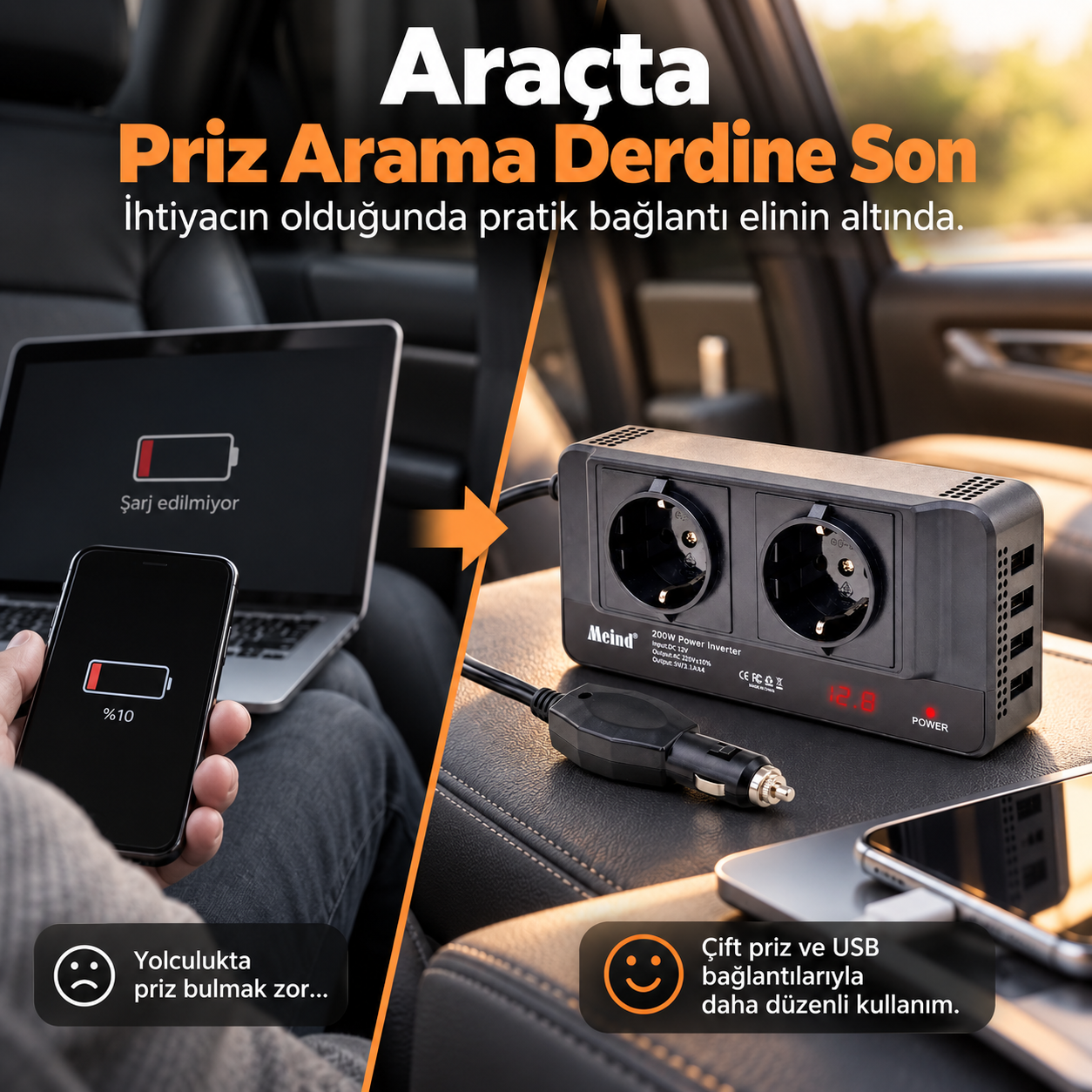 400W Araç İnvertör – 12V 220V Çevirici Araç Çakmaklık , Çift Priz ve 4 USB