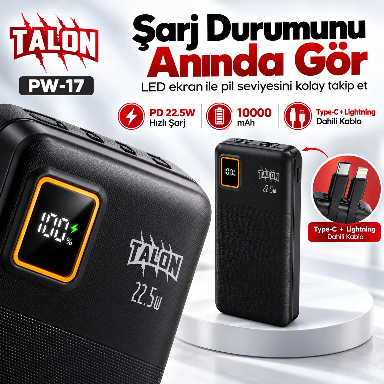 Talon PW-17 10.000 mAh Powerbank – PD 22.5W Hızlı Şarj, Dahili Type-C ve Lightning Kablolu
