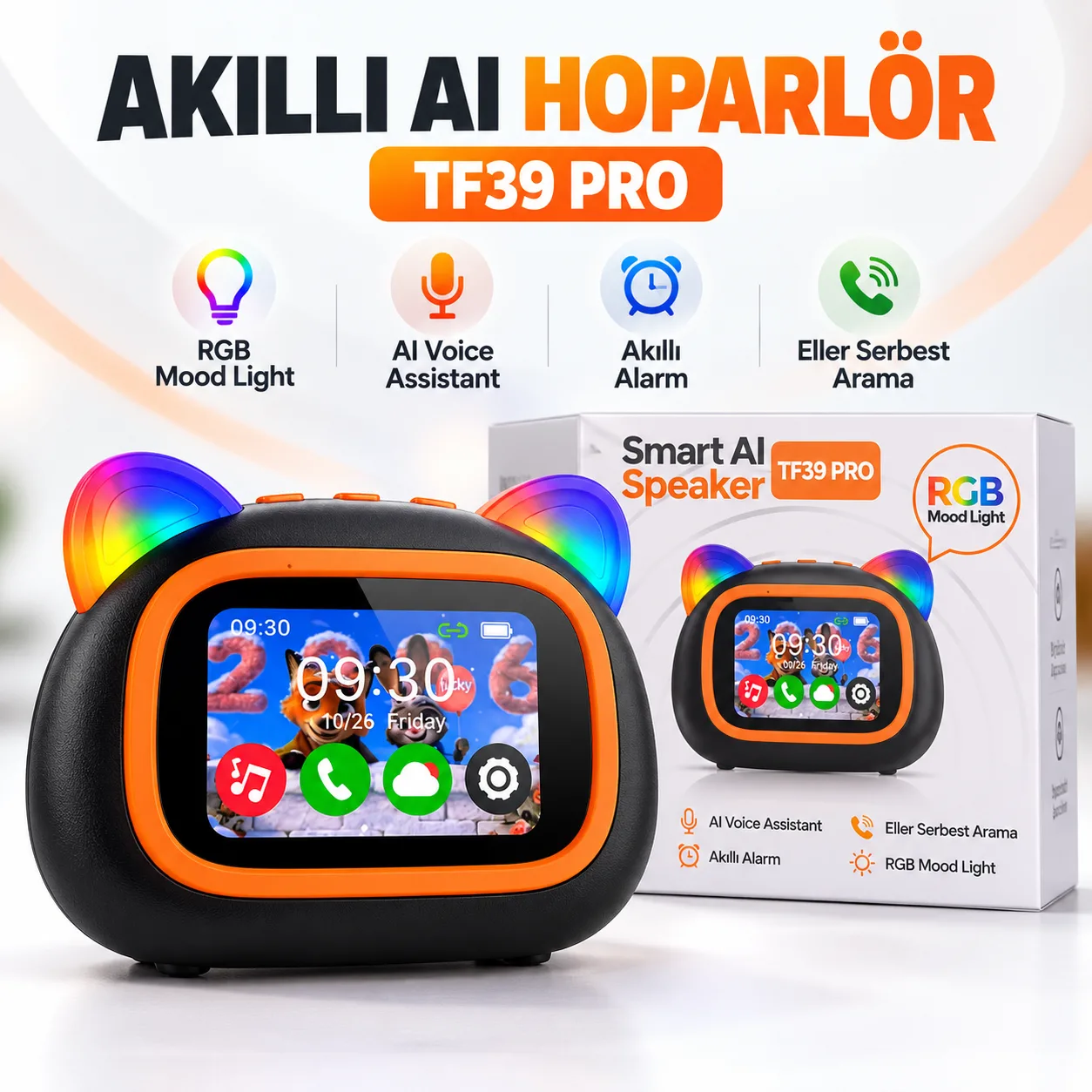 TF39 Pro Akıllı AI Hoparlör – RGB Işık, Sesli Asistan, Akıllı Alarm ve Eller Serbest Arama