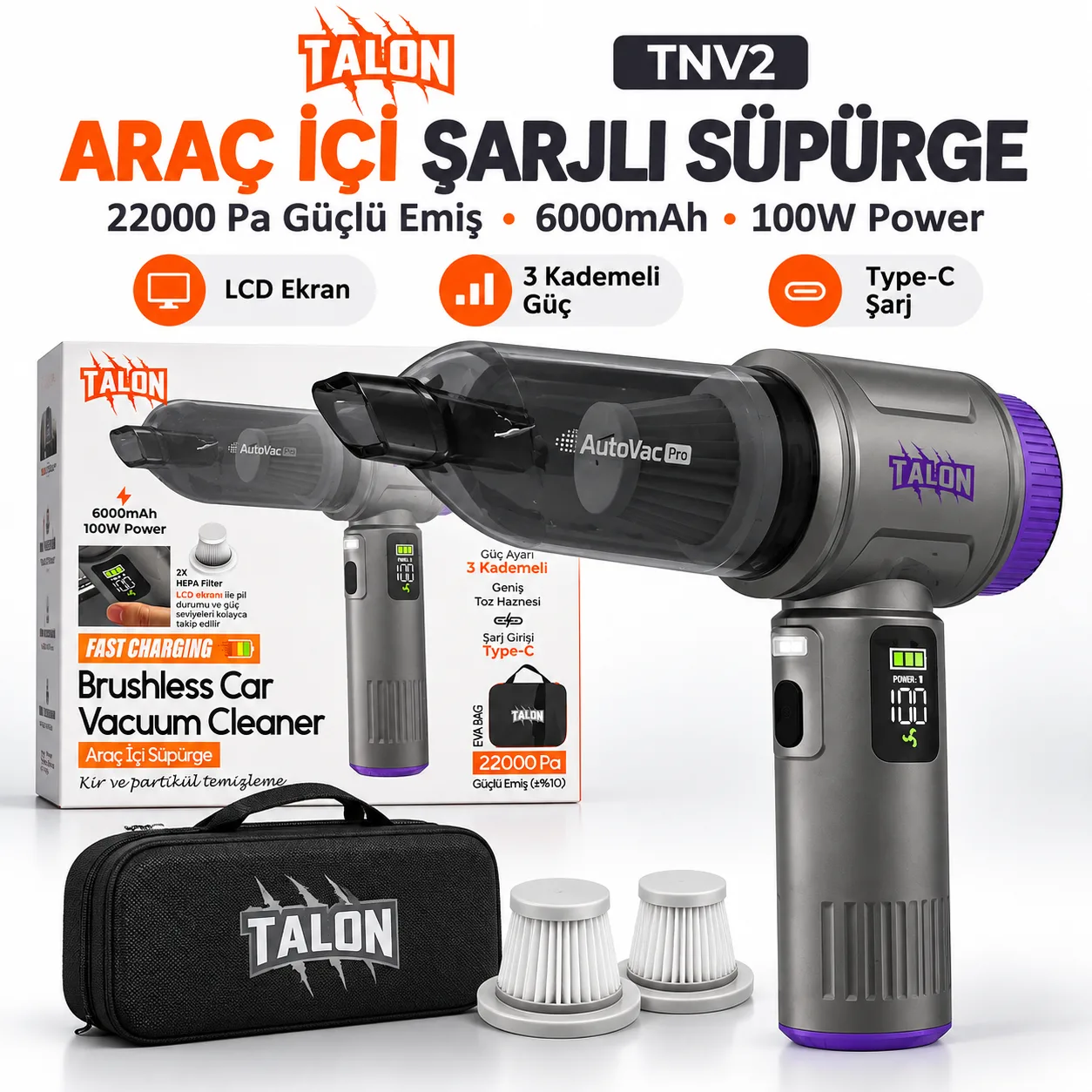 Talon TNV2 AutoVac Pro Kablosuz Araç İçi Süpürge – 22.000 Pa, 6000 mAh, 100W Brushless Motor
