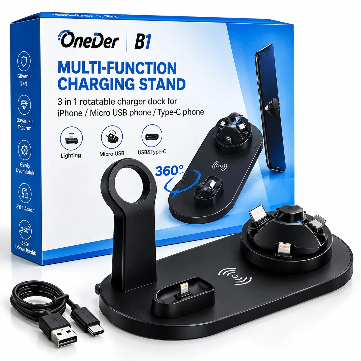 OneDer B1 3'ü 1 Arada Çok Fonksiyonlu Şarj Standı – 360° Döner Lightning, Type-C ve Micro USB