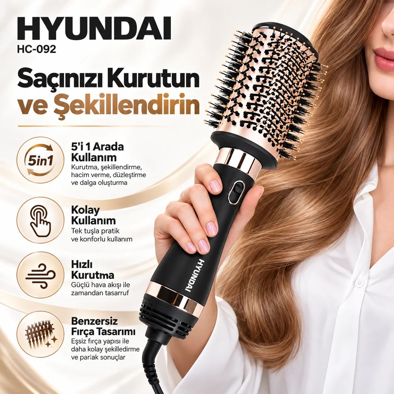 Hyundai HC-092 5'i 1 Arada Saç Şekillendirici Fön Fırçası – Hızlı Kurutma ve Hacim