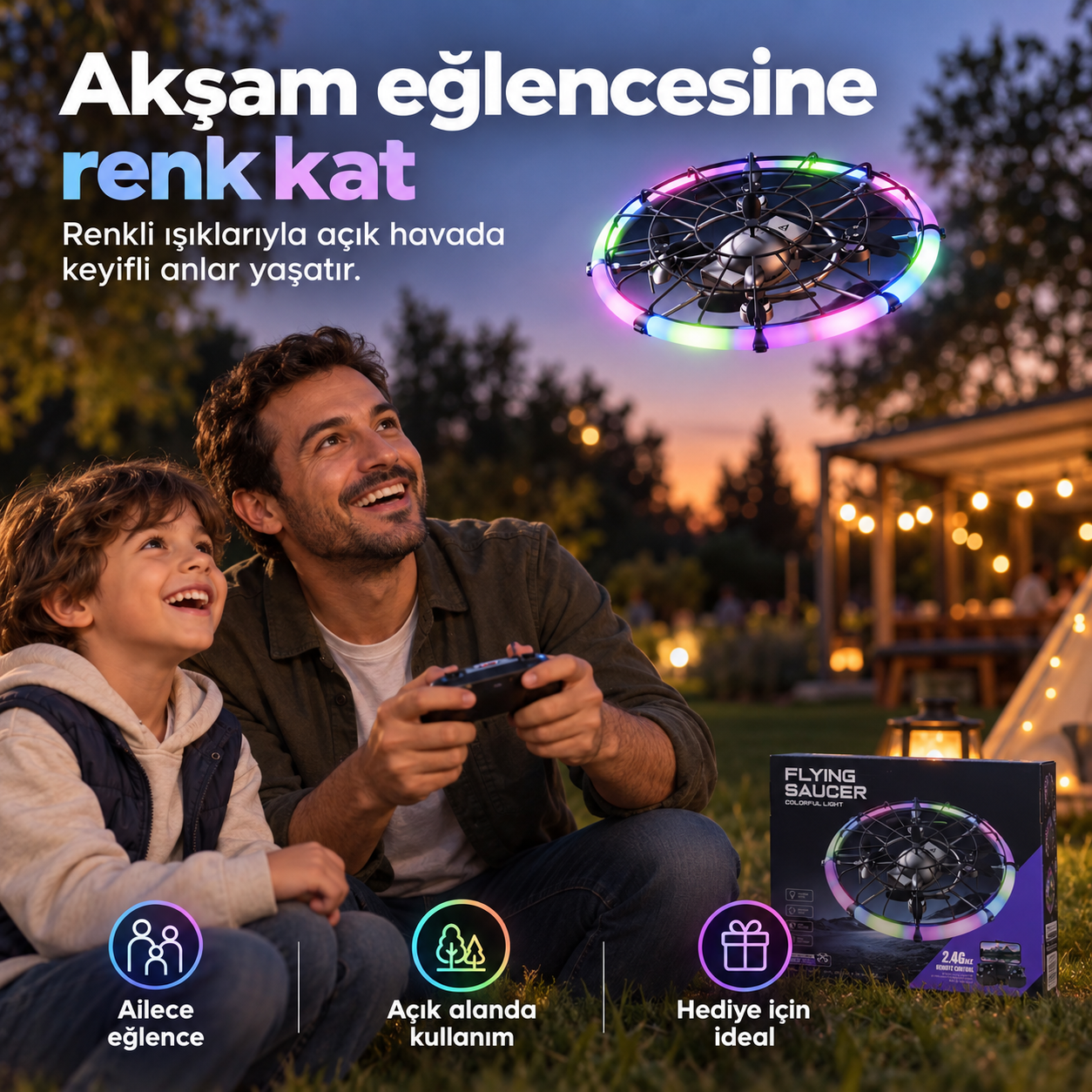 Flying Saucer Kumandalı Drone – Renkli LED Işıklı Koruyucu Kafesli Uçan Dron