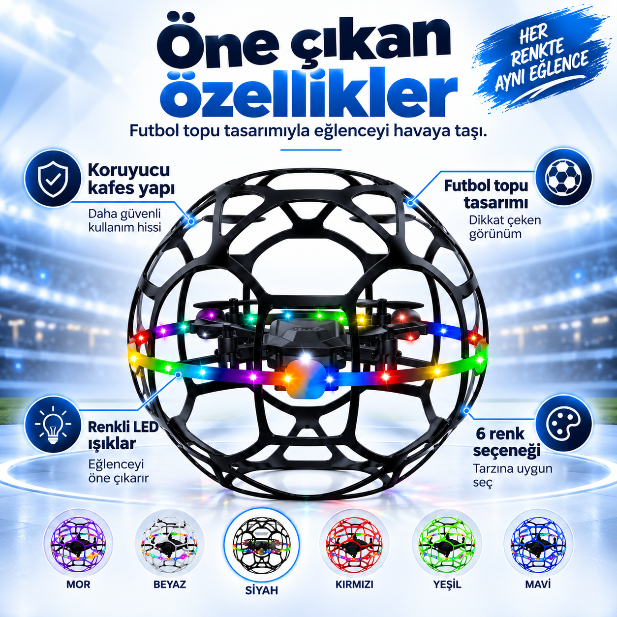 R34 Futbol Topu Tasarımlı Kumandalı Drone – LED Işıklı Koruyucu Kafesli Mini Drone