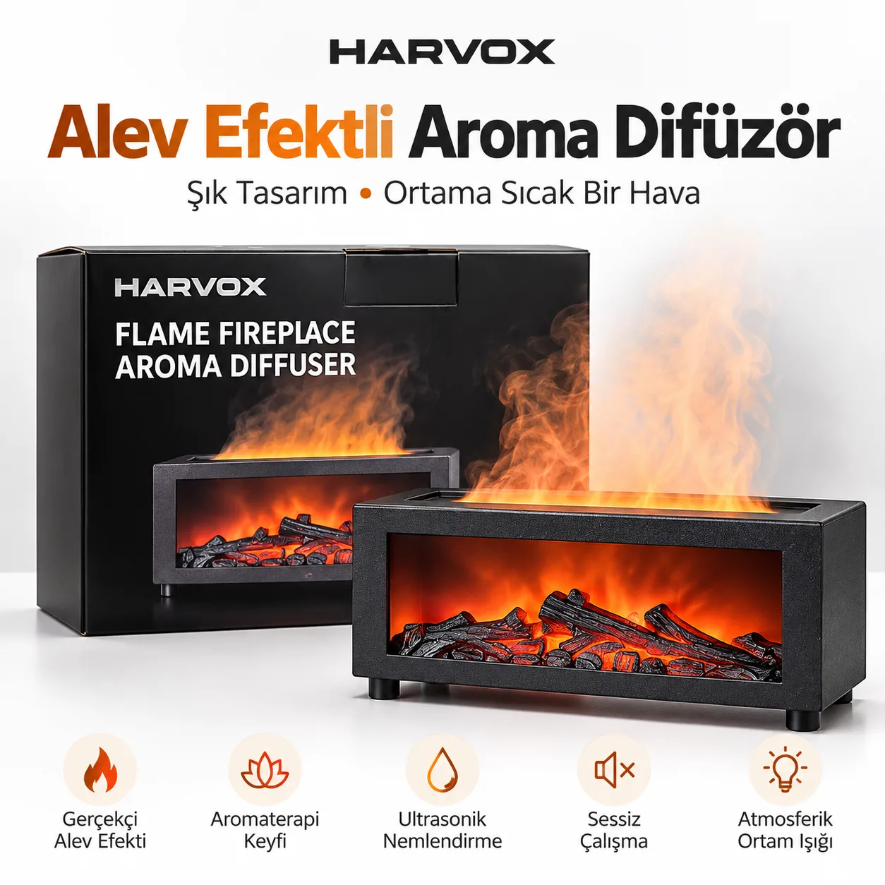 Harvox Alev Efektli Aroma Difüzör – Ultrasonik Hava Nemlendirici ve Aromaterapi Cihazı