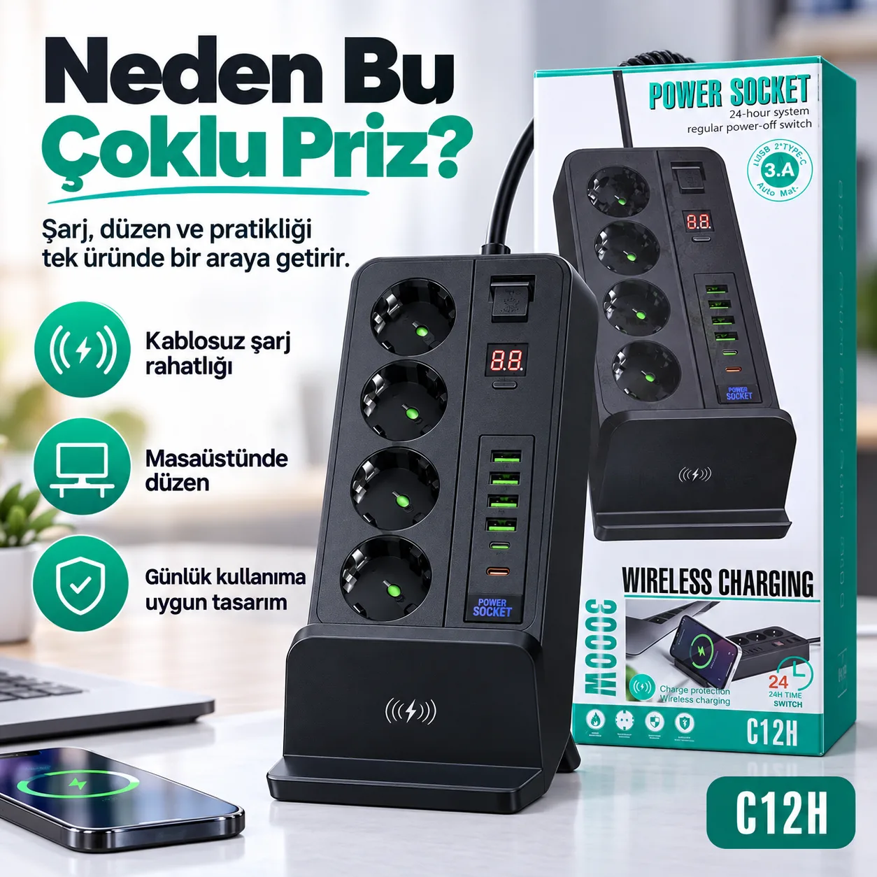H1000 G12H Kablosuz Şarjlı Akıllı Çoklu Priz – 3000W, 4 Priz, USB ve Type-C Çıkışlı