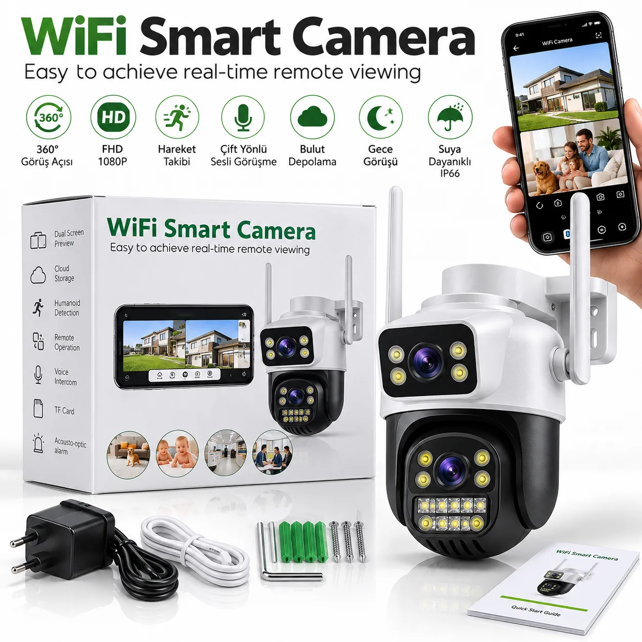 WiFi Akıllı Güvenlik Kamerası – Çift Kameralı, Hareket Algılama, Gece Görüşü ve Sesli Görüşme