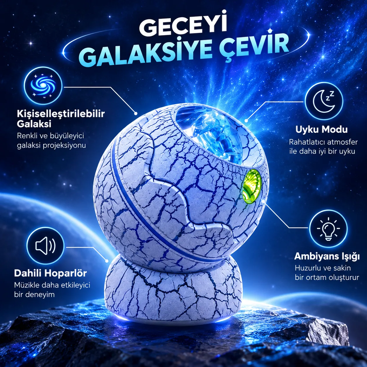 Galaxy Nightlight Projector – Galaksi Projeksiyonlu Gece Lambası, Dahili Hoparlör ve Uyku Modu