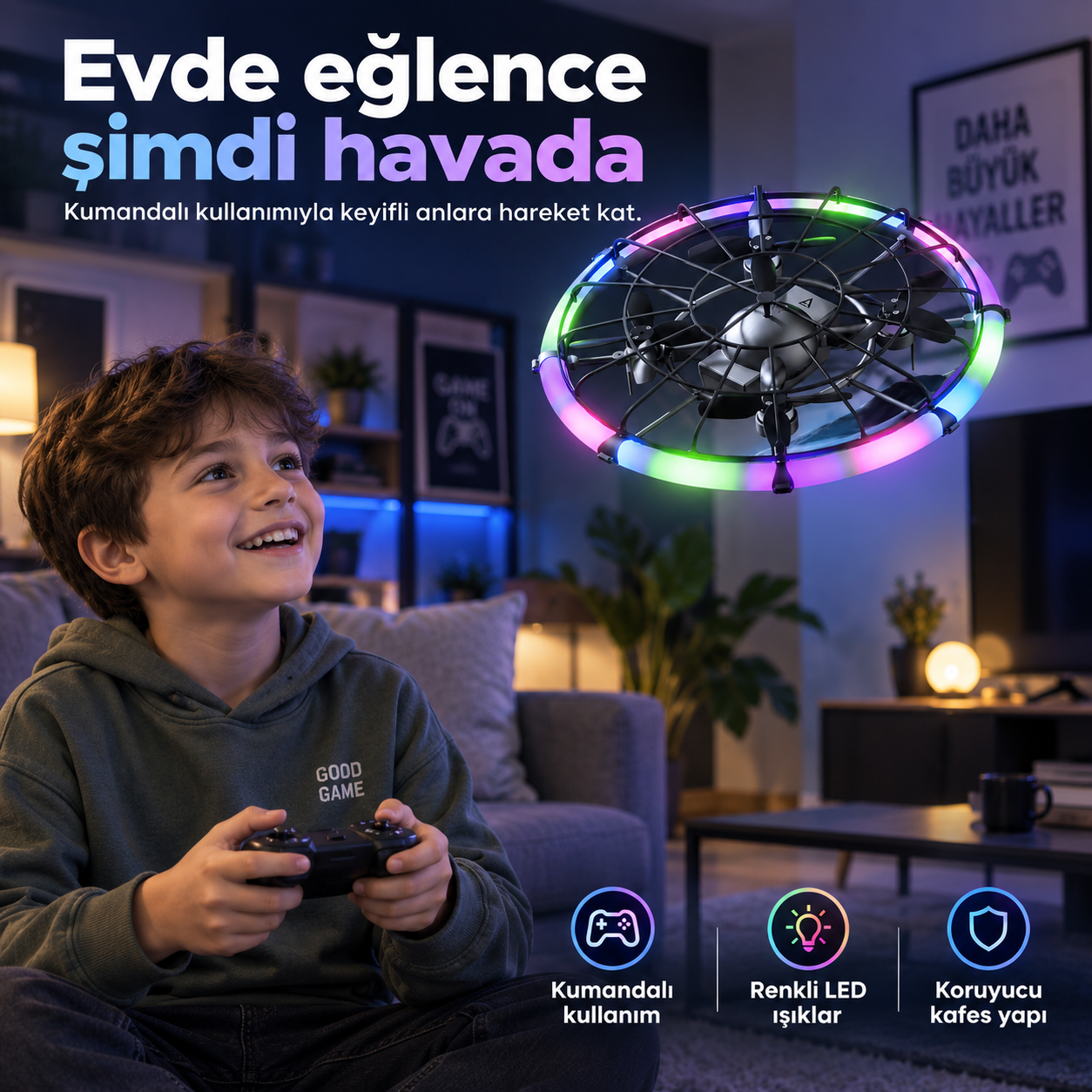 Flying Saucer Kumandalı Drone – Renkli LED Işıklı Koruyucu Kafesli Uçan Dron