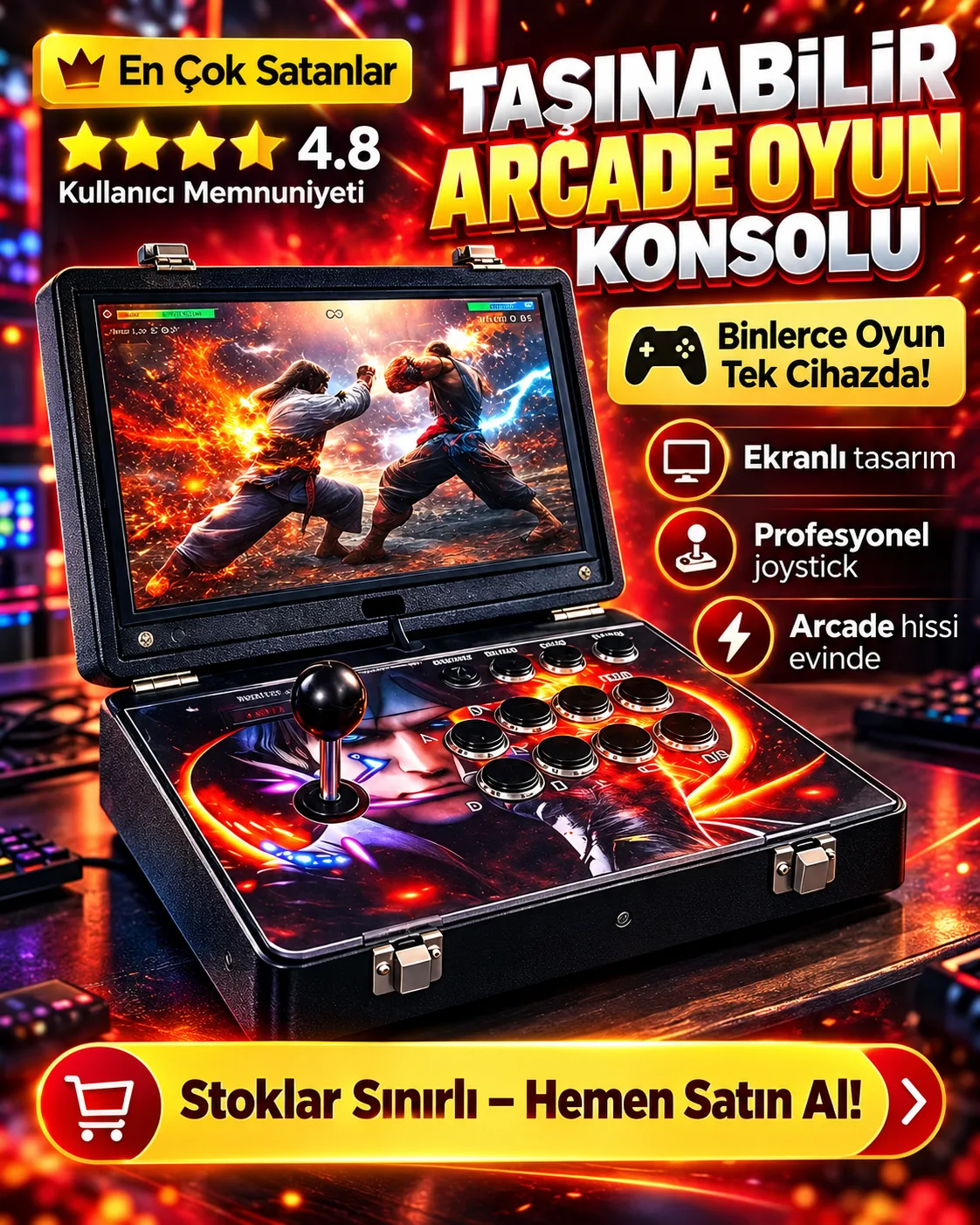 Tek Kişilik Retro Arcade Oyun Konsolu – Joystick