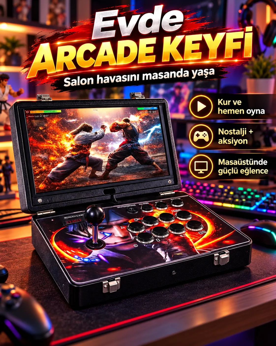 Tek Kişilik Retro Arcade Oyun Konsolu – Joystick